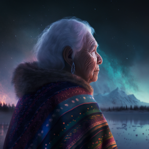 Cree Grandmother looking at the Northern Lights