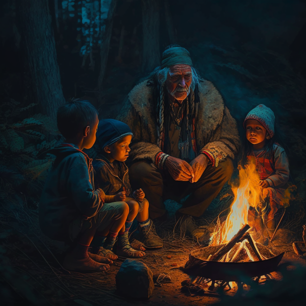 A picture of an elder providing teaching to children around a campfire